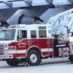 photo by Brian Nadenbousch of the city of Martinsburg's new aerial tower with a C5A at the WVANG Base.